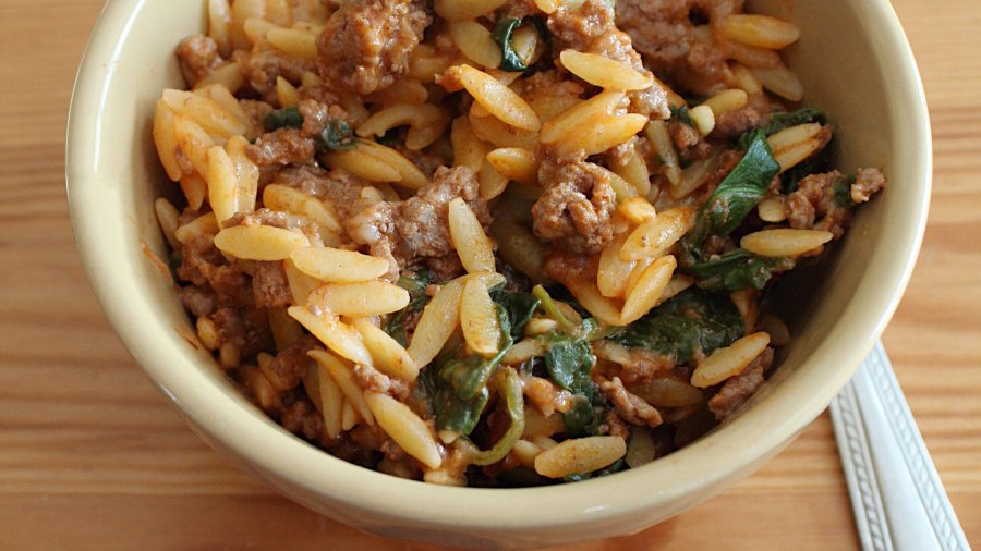 Bowl of Cheesy Beef Orzo for post that includes recipe