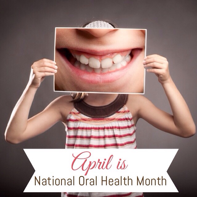 Picture of a girl holding a photo of teeth for National Oral Health Month post